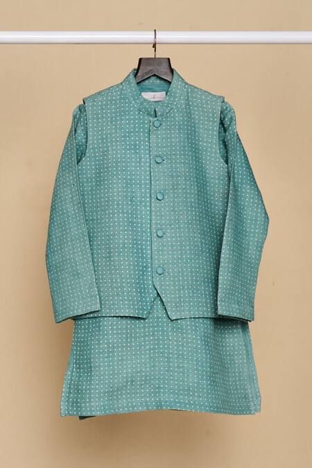 Buy_All Boy Couture_Blue Chanderi, Linen Polka Dot Print Bundi And Kurta Set_Online_at_Aza_Fashions