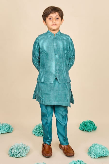 All Boy Couture Blue Kurta Linen Print Polka Dot Handloom Chanderi Bundi And Set 