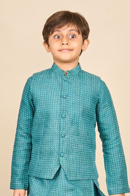 All Boy Couture_Blue Chanderi, Linen, Handloom Cotton Polka Dot Print Bundi And Kurta Set_Online_at_Aza_Fashions