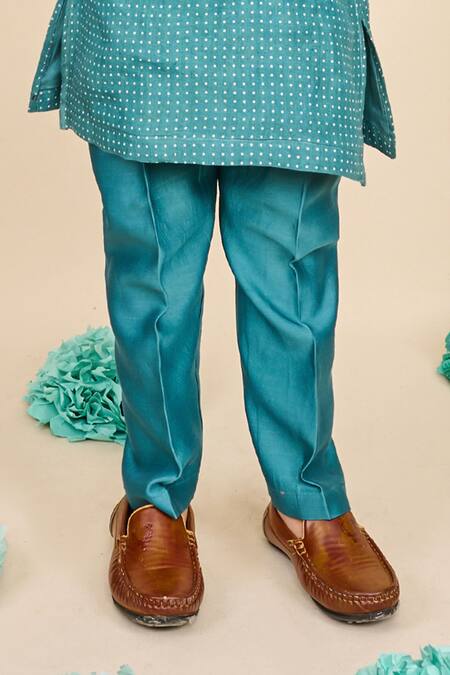 Buy_All Boy Couture_Blue Chanderi, Linen, Handloom Cotton Polka Dot Print Bundi And Kurta Set_Online_at_Aza_Fashions