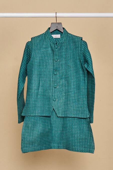 Shop_All Boy Couture_Blue Chanderi, Linen, Handloom Cotton Polka Dot Print Bundi And Kurta Set_Online_at_Aza_Fashions
