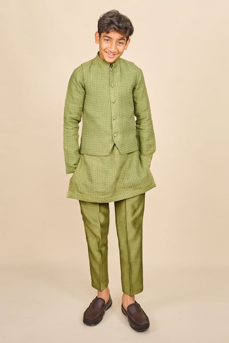 All Boy Couture Handloom Chanderi Polka Dot Print Bundi & Kurta Set 