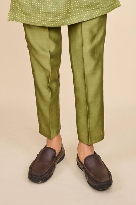 All Boy Couture_Green Chanderi, Linen, Handloom Cotton Polka Dot Print Bundi And Kurta Set_Online_at_Aza_Fashions