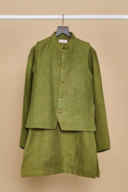 Buy_All Boy Couture_Green Chanderi, Linen, Handloom Cotton Polka Dot Print Bundi And Kurta Set_Online_at_Aza_Fashions