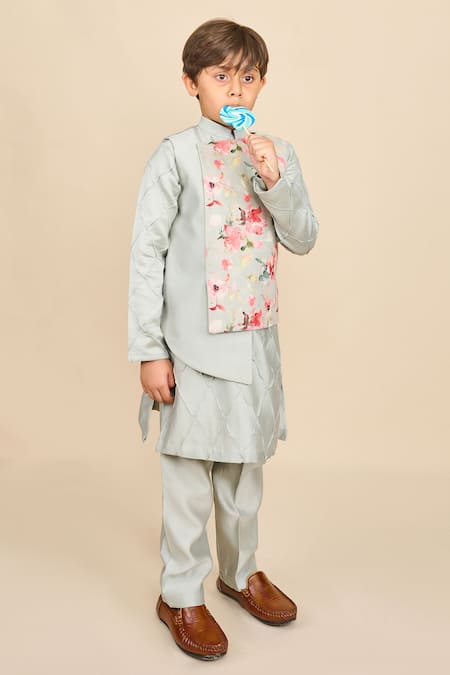 All Boy Couture Floral Print High Low Jacket & Kurta Set 