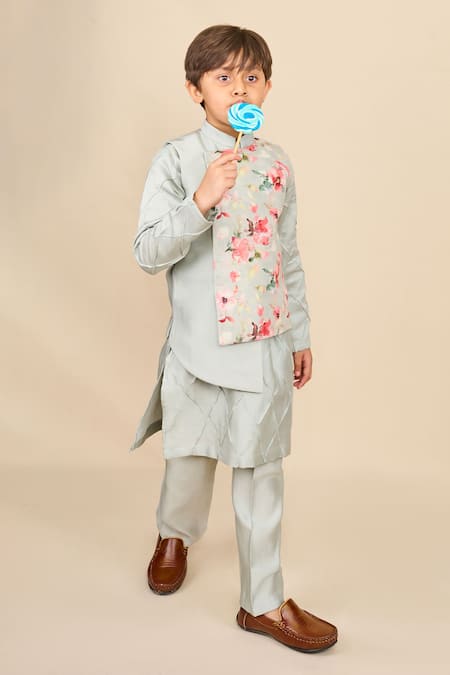All Boy Couture Floral Print High Low Jacket & Kurta Set 