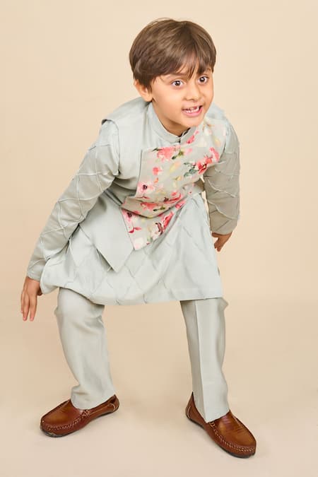 All Boy Couture_Blue Linen, Handloom Cotton Embroidery Floral Print High Low Jacket And Kurta Set _Online_at_Aza_Fashions