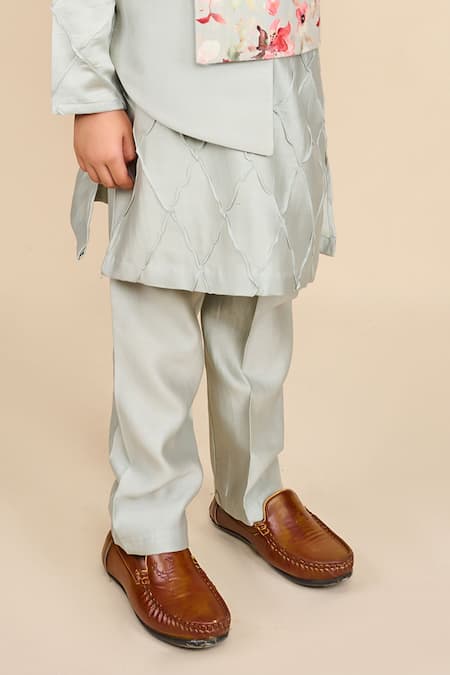 Buy_All Boy Couture_Blue Linen, Handloom Cotton Embroidery Floral Print High Low Jacket And Kurta Set _Online_at_Aza_Fashions
