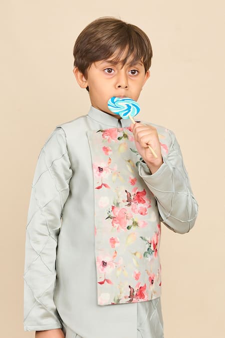 Shop_All Boy Couture_Blue Linen, Handloom Cotton Embroidery Floral Print High Low Jacket And Kurta Set _Online_at_Aza_Fashions