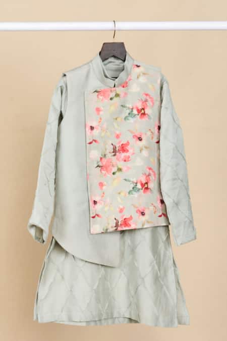 All Boy Couture_Blue Linen, Handloom Cotton Embroidery Floral Print High Low Jacket And Kurta Set _at_Aza_Fashions