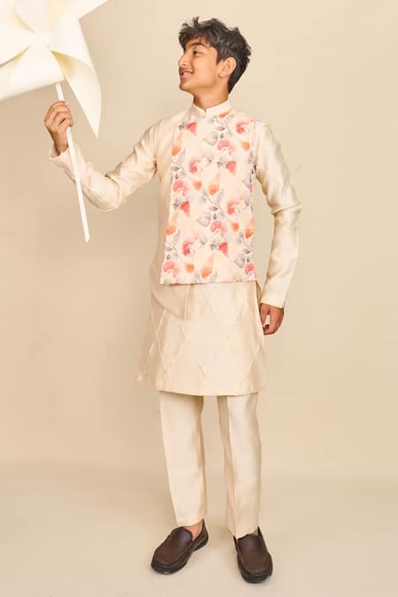 All Boy Couture Linen Floral High Low Jacket & Kurta Set 