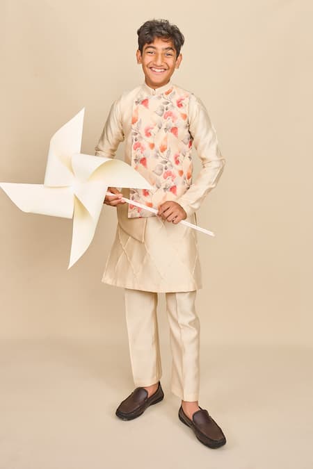 All Boy Couture Linen Floral High Low Jacket & Kurta Set 