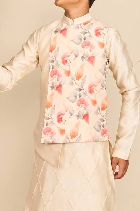 All Boy Couture_Ivory Linen, Handloom Cotton Embroidery Floral High Low Jacket And Kurta Set _Online_at_Aza_Fashions