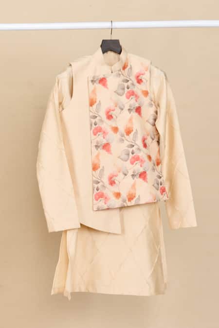 Shop_All Boy Couture_Ivory Linen, Handloom Cotton Embroidery Floral High Low Jacket And Kurta Set _Online_at_Aza_Fashions