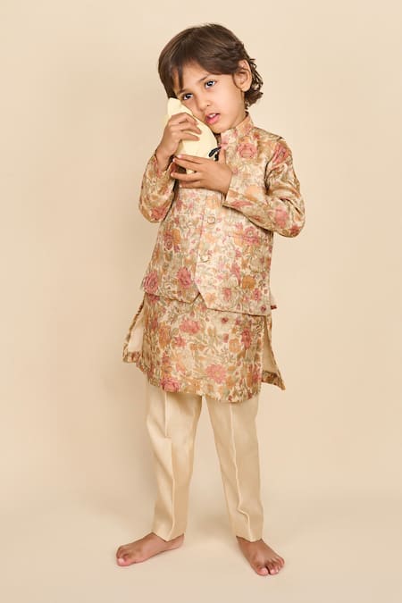 All Boy Couture Floral Print Bundi & Kurta Set 