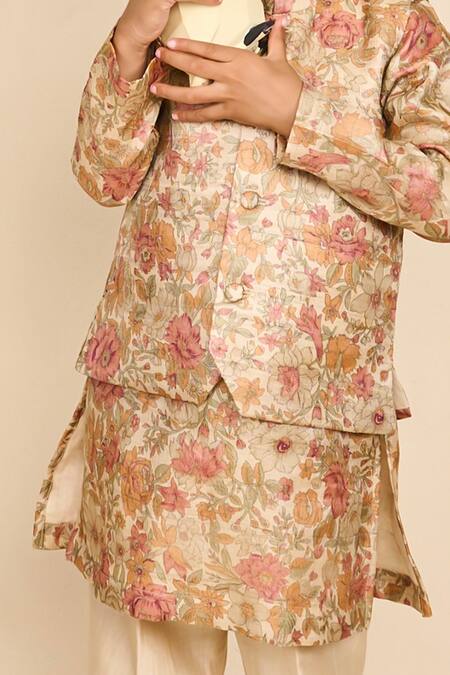 All Boy Couture_Beige Silk, Tussar, Chanderi Floral Print Bundi And Kurta Set _Online_at_Aza_Fashions