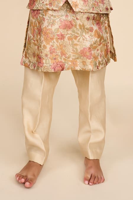 Buy_All Boy Couture_Beige Silk, Tussar, Chanderi Floral Print Bundi And Kurta Set _Online_at_Aza_Fashions