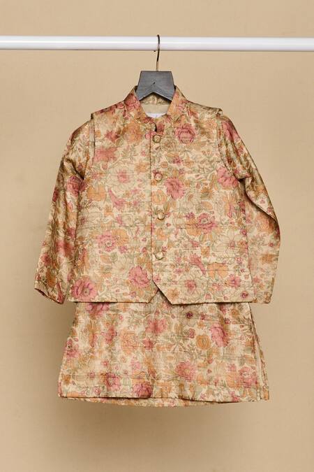 Shop_All Boy Couture_Beige Silk, Tussar, Chanderi Floral Print Bundi And Kurta Set _Online_at_Aza_Fashions