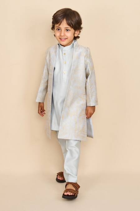 Shop All Boy Couture Blue Chanderi, Silk Zari Embroidered Open Achkan And Kurta Set at Aza Fashions Shop_All Boy Couture_Blue Chanderi, Silk Zari Embroidered Open Achkan And Kurta Set_at_Aza_Fashions
