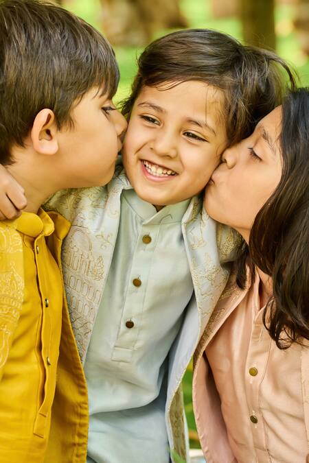 Shop_All Boy Couture_Blue Chanderi, Silk Zari Embroidered Open Achkan And Kurta Set_Online_at_Aza_Fashions