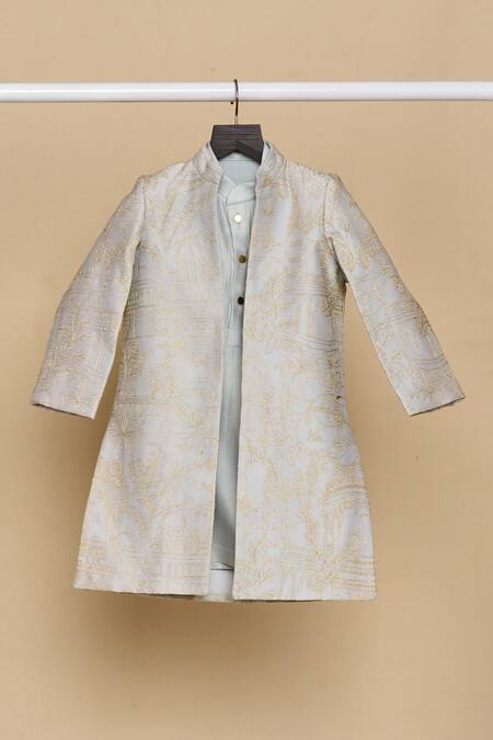 All Boy Couture_Blue Chanderi, Silk Zari Embroidered Open Achkan And Kurta Set_at_Aza_Fashions