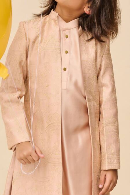 All Boy Couture_Pink Chanderi, Silk Zari Embroidered Achkan And Kurta Set_Online_at_Aza_Fashions