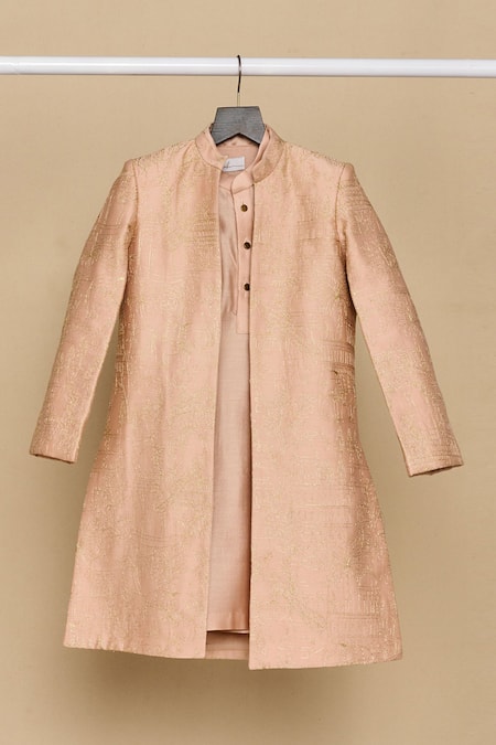 Shop_All Boy Couture_Pink Chanderi, Silk Zari Embroidered Achkan And Kurta Set_Online_at_Aza_Fashions