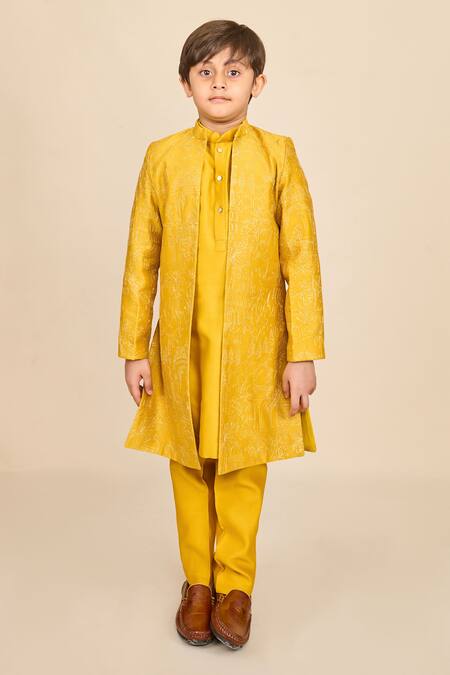 Shop All Boy Couture Yellow Chanderi, Silk Zari Embroidered Open Achkan And Kurta Set at Aza Fashions Shop_All Boy Couture_Yellow Chanderi, Silk Zari Embroidered Open Achkan And Kurta Set_at_Aza_Fashions