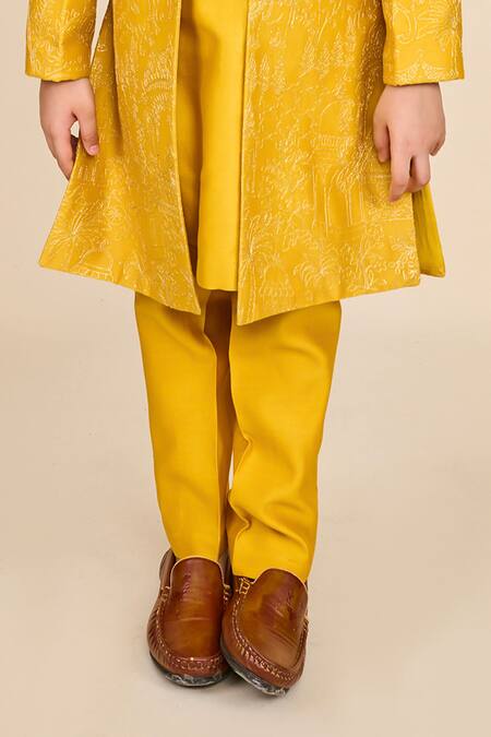 All Boy Couture Yellow Chanderi, Silk Zari Embroidered Open Achkan And Kurta Set Online at Aza Fashions All Boy Couture_Yellow Chanderi, Silk Zari Embroidered Open Achkan And Kurta Set_Online_at_Aza_Fashions