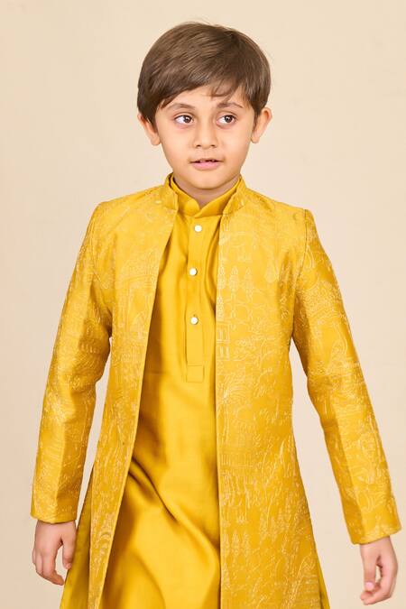 Buy All Boy Couture Yellow Chanderi, Silk Zari Embroidered Open Achkan And Kurta Set Online at Aza Fashions Buy_All Boy Couture_Yellow Chanderi, Silk Zari Embroidered Open Achkan And Kurta Set_Online_at_Aza_Fashions