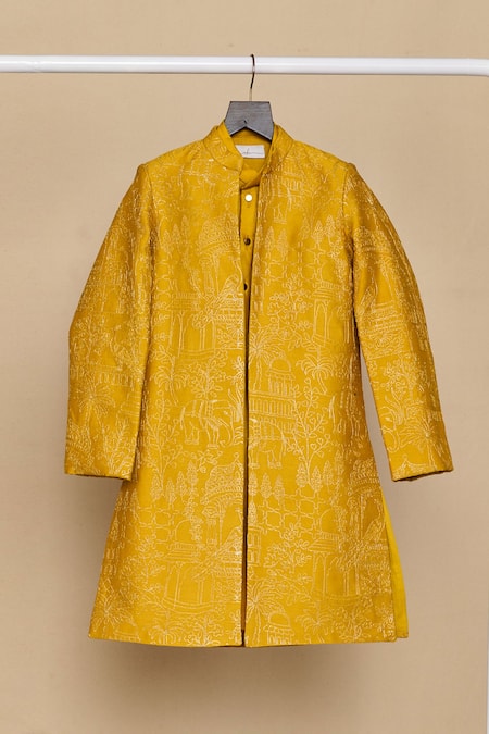 Shop_All Boy Couture_Yellow Chanderi, Silk Zari Embroidered Open Achkan And Kurta Set_Online_at_Aza_Fashions