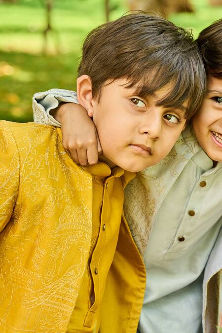 All Boy Couture_Yellow Chanderi, Silk Zari Embroidered Open Achkan And Kurta Set_at_Aza_Fashions