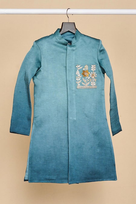 All Boy Couture_Blue Silk Satin, Chanderi, Cotton Sequins, Embroidery Ombre Achkan With Pyjama _Online_at_Aza_Fashions