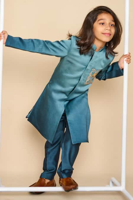 Buy_All Boy Couture_Blue Silk Satin, Chanderi, Cotton Sequins, Embroidery Ombre Achkan With Pyjama _Online_at_Aza_Fashions