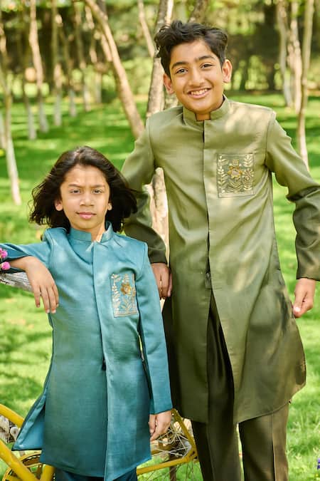 All Boy Couture_Blue Silk Satin, Chanderi, Cotton Sequins, Embroidery Ombre Achkan With Pyjama _at_Aza_Fashions