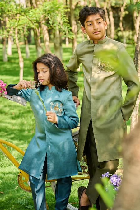 Buy_All Boy Couture_Blue Silk Satin, Chanderi, Cotton Sequins, Embroidery Ombre Achkan With Pyjama 