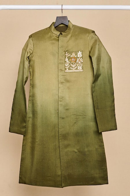 All Boy Couture_Green Silk Satin, Chanderi, Cotton Sequins, Embroidery Ombre Achkan With Pyjama _Online_at_Aza_Fashions