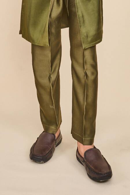 Buy_All Boy Couture_Green Silk Satin, Chanderi, Cotton Sequins, Embroidery Ombre Achkan With Pyjama _Online_at_Aza_Fashions