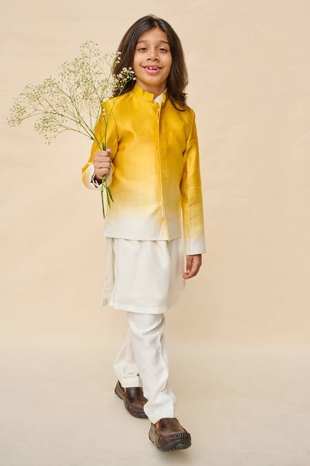 Buy_All Boy Couture_Yellow Silk , , Kurta Set With Ombre Jodhpuri _Online_at_Aza_Fashions
