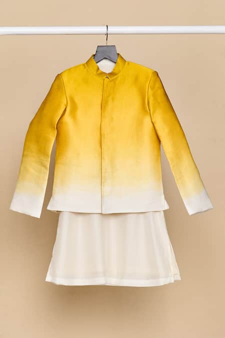 Shop_All Boy Couture_Yellow Silk , , Kurta Set With Ombre Jodhpuri _Online_at_Aza_Fashions