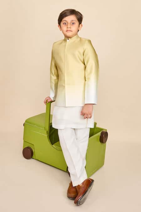 All Boy Couture Green Jodhpuri Silk Satin Solid Kurta Set With Ombre 