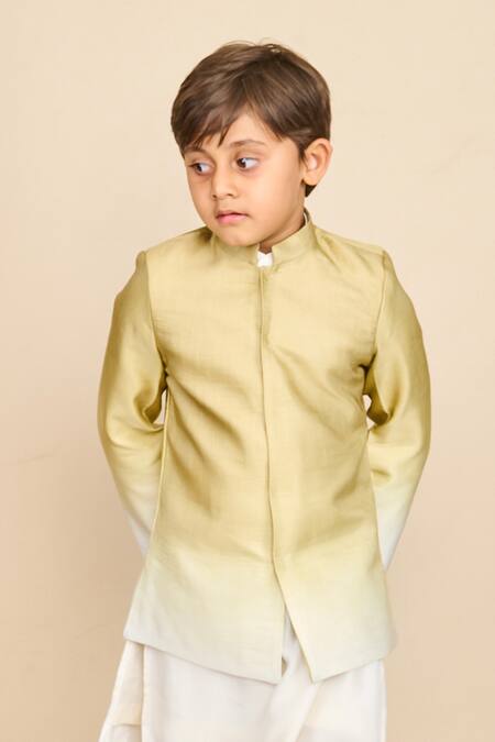 Shop_All Boy Couture_Green Cotton, Silk Satin Solid Kurta Set With Ombre Jodhpuri _Online_at_Aza_Fashions