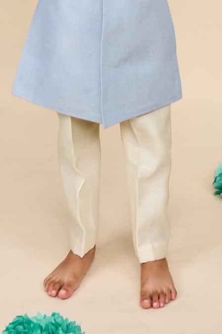 All Boy Couture_Sky Blue Cotton, Chanderi Sequins, Embroidery Button Achkan With Pyjama_Online_at_Aza_Fashions