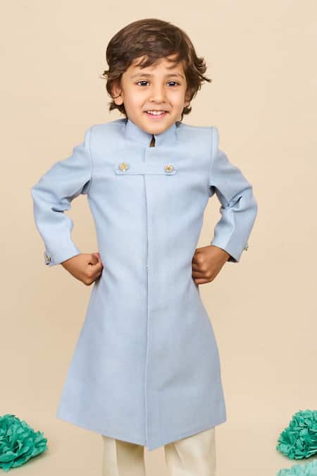 Buy_All Boy Couture_Sky Blue Cotton, Chanderi Sequins, Embroidery Button Achkan With Pyjama_Online_at_Aza_Fashions