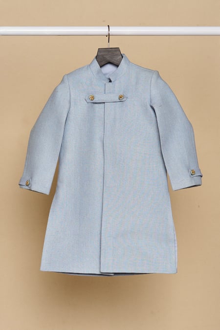 Shop_All Boy Couture_Sky Blue Cotton, Chanderi Sequins, Embroidery Button Achkan With Pyjama_Online_at_Aza_Fashions