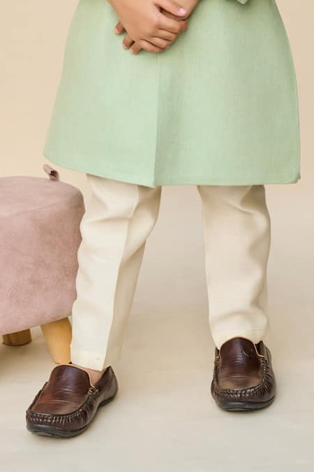 All Boy Couture_Green Cotton, Chanderi Embroidery Placed Achkan With Pyjama _Online_at_Aza_Fashions