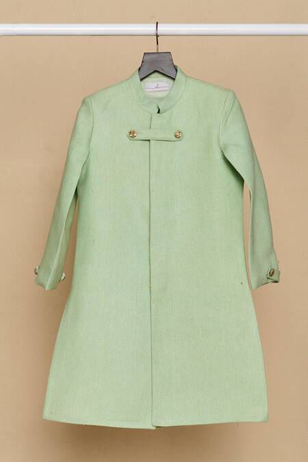 Buy_All Boy Couture_Green Cotton, Chanderi Embroidery Placed Achkan With Pyjama _Online_at_Aza_Fashions