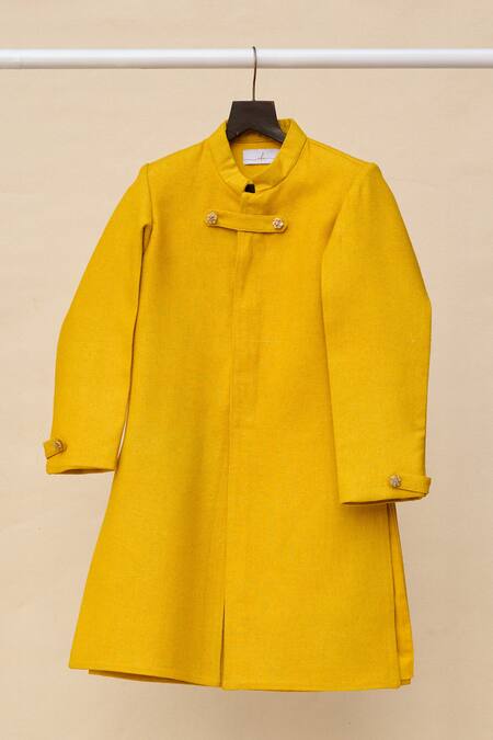 All Boy Couture_Yellow Cotton, Chanderi Sequins, Embroidery Button Achkan With Pyjama_Online_at_Aza_Fashions