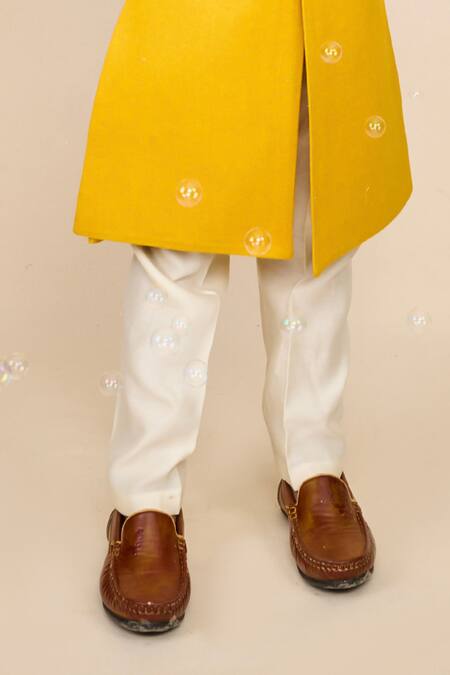 Buy_All Boy Couture_Yellow Cotton, Chanderi Sequins, Embroidery Button Achkan With Pyjama_Online_at_Aza_Fashions