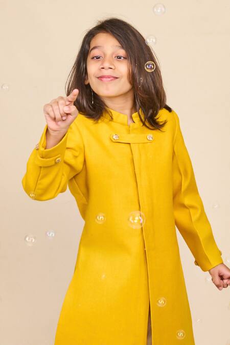 Shop_All Boy Couture_Yellow Cotton, Chanderi Sequins, Embroidery Button Achkan With Pyjama_Online_at_Aza_Fashions